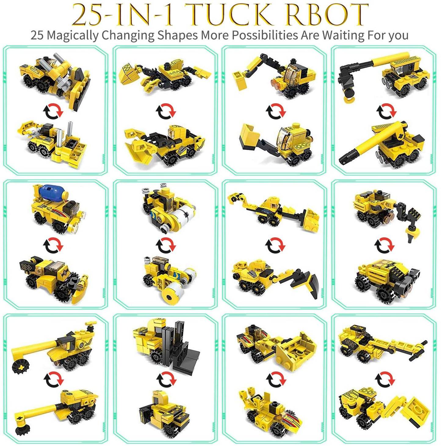 GARUNK Construction Vehicle Building Kit 669 Pcs, with 12 Kinds of Building Vehicle as Excavator, Crane, Mixer, Roadheader, Roller Ect, Combine 12 Vehicles to a Big Robot, Architect Pretend Play Toys
