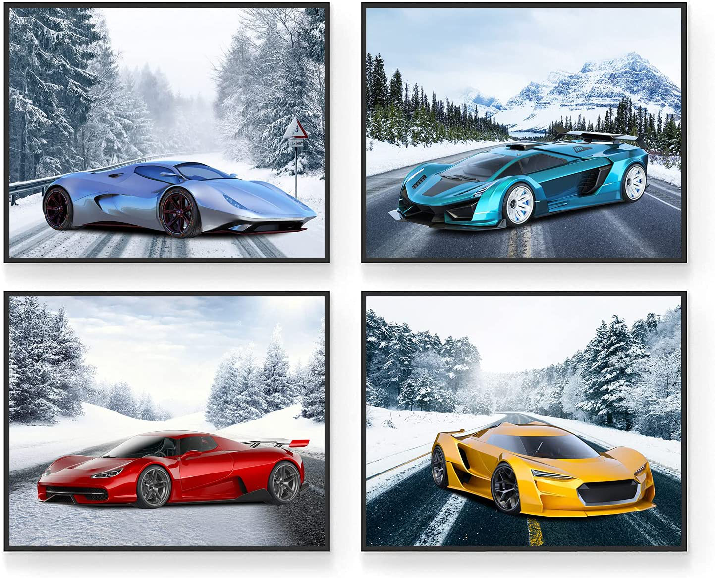 Snow Car Poster, Car Pictures Wall Art - Set of 4 (8x10in) Car Wall Art for Boys Bedroom - Car Room Decor, Teen Room Decor Boy - Unframed Posters For Wall Art For Teenage Boy Bedroom