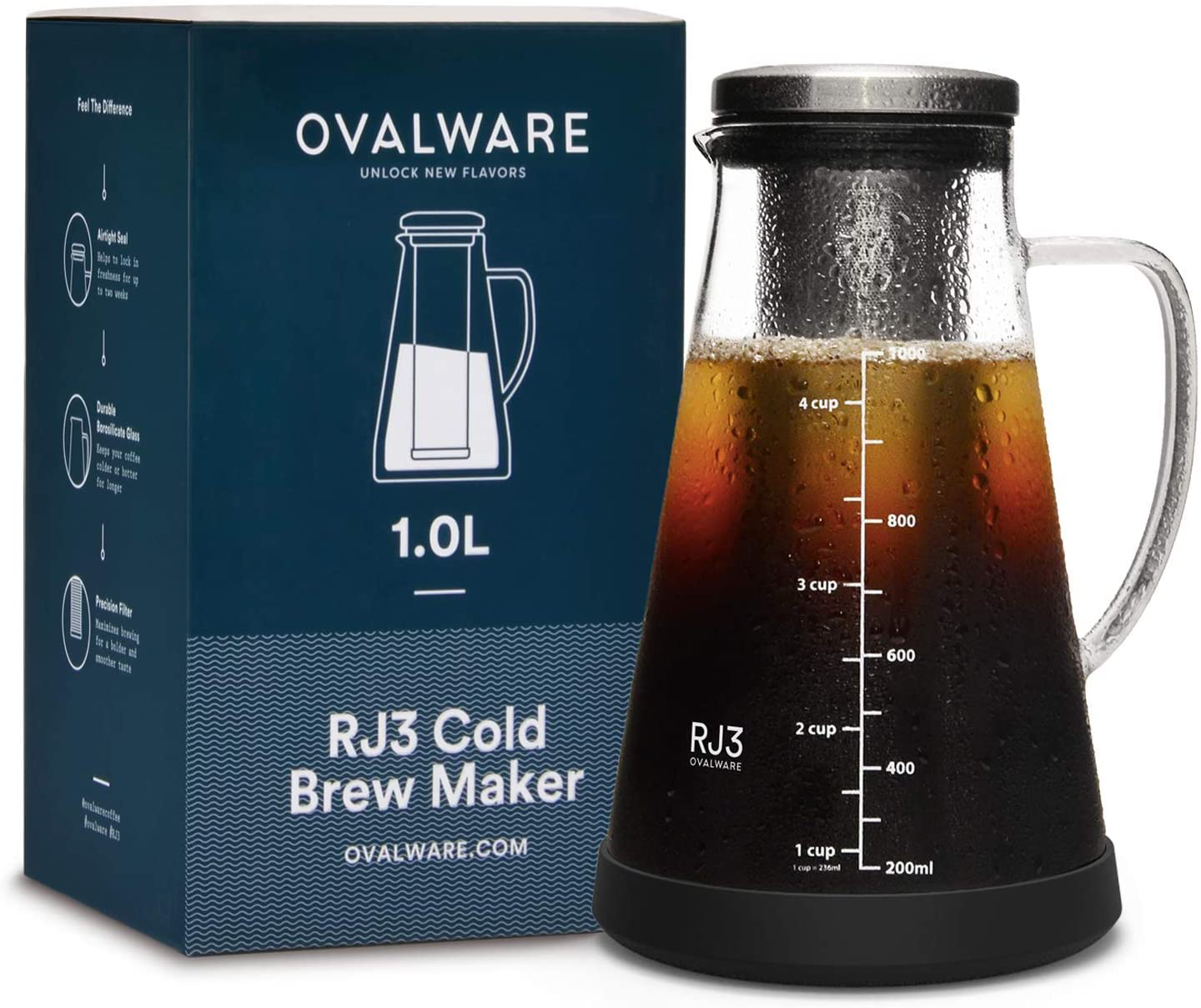 Airtight Cold Brew Iced Coffee Maker and Tea Infuser with Spout - 1.0L / 34oz Ovalware RJ3 Brewing Glass Carafe with Removable Stainless Steel Filter