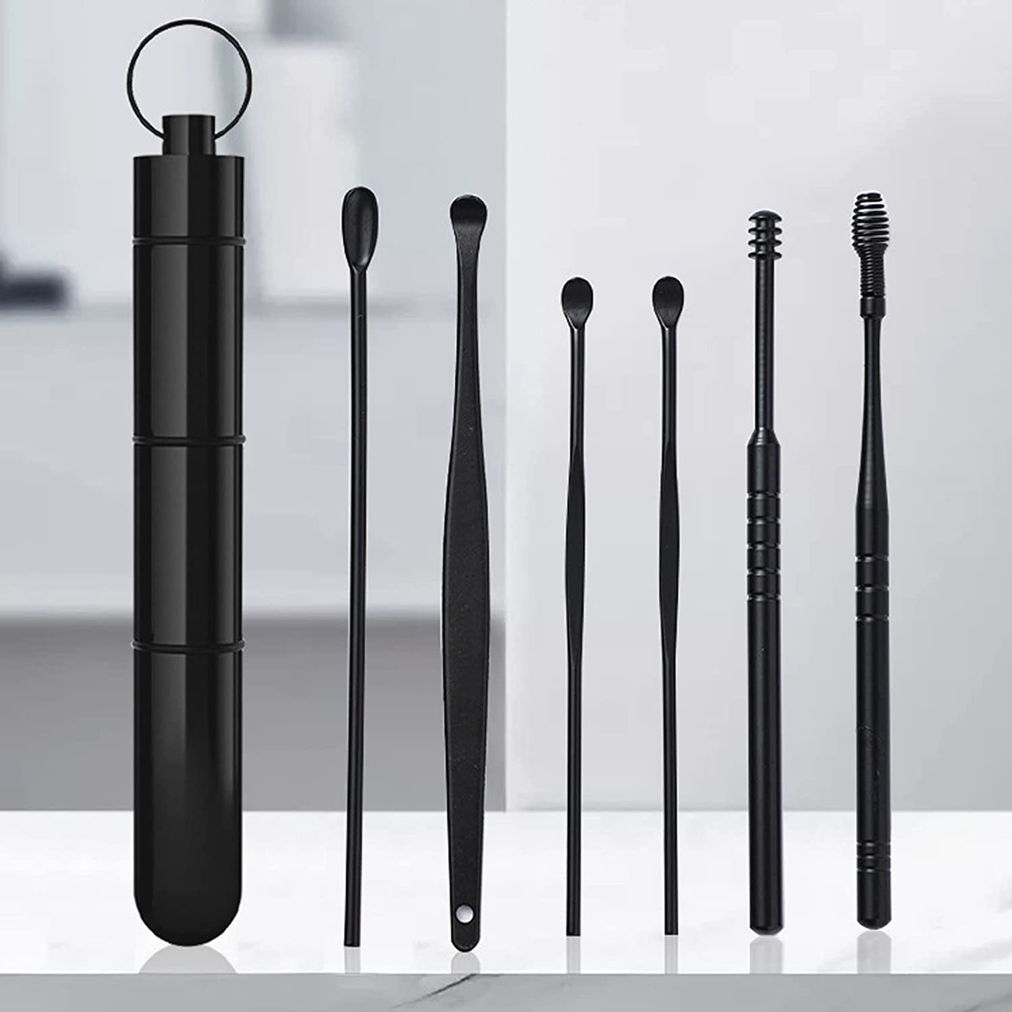 Ear Wax Removal Tool, Ear Cleaner 6-In-1 Stainless Steel, Ear Cleaning Kit Prevents Scratching of the Ears, Available for Adults and Children, Ear Cleaning Kit with a Storage Box (Black)