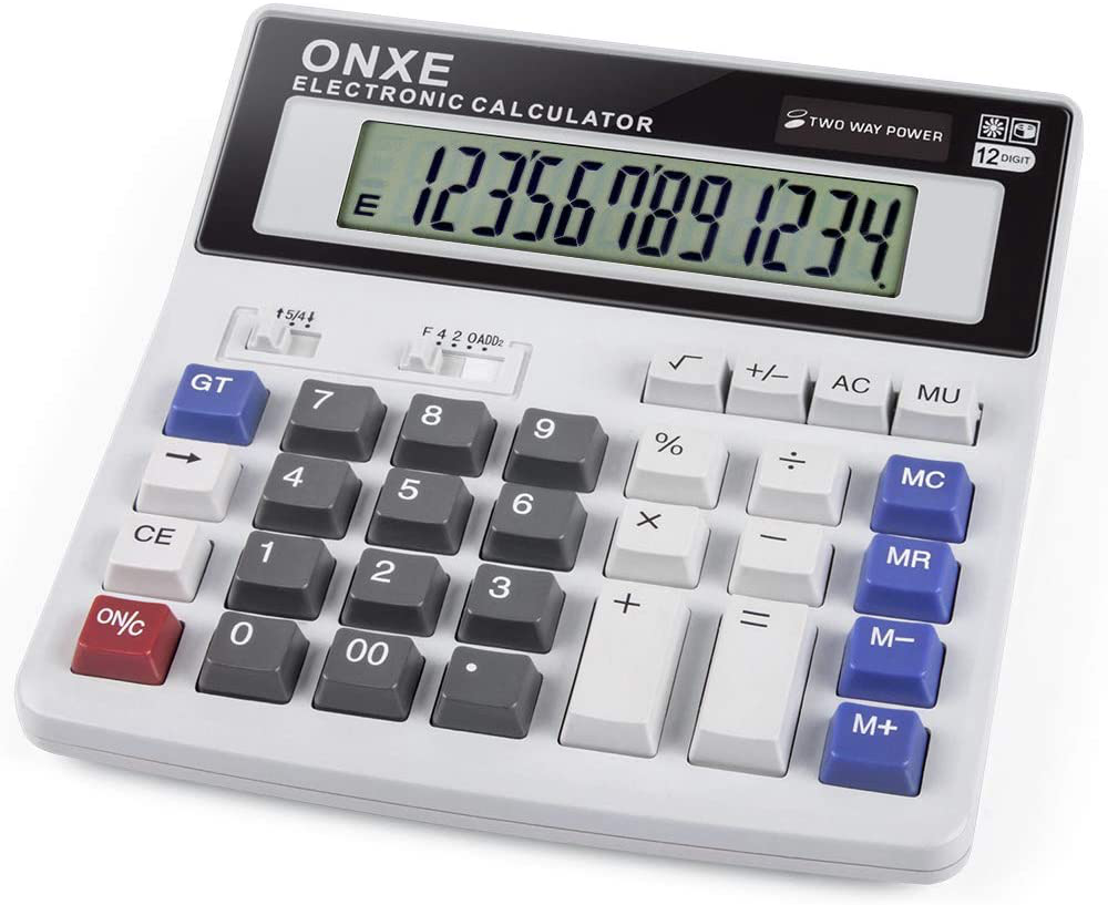 Calculator, ONXE Standard Function Scientific Electronics Desktop Calculators, Dual Power, Big Button 12 Digit Large LCD Display, Handheld for Daily and Basic Office (White)