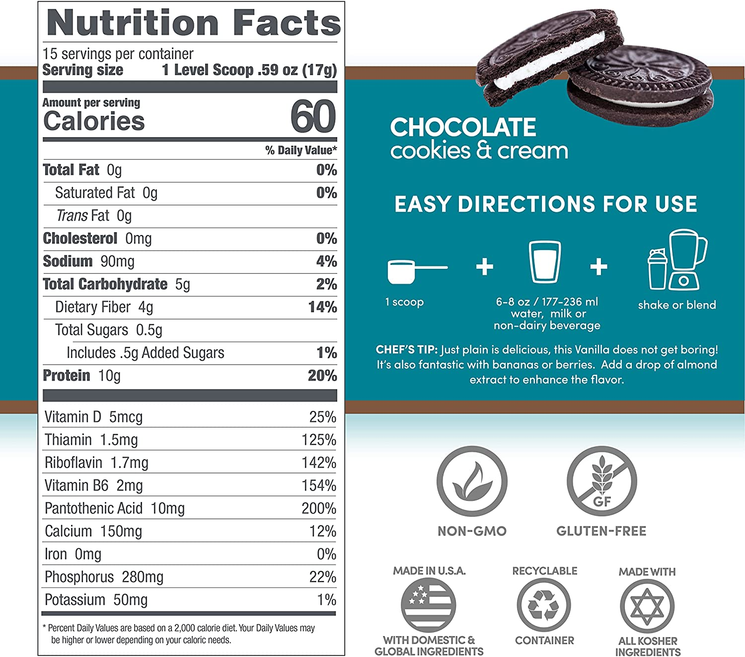 Designer Wellness, Designer Lite, Low Calorie Natural Protein, Prebiotic Fiber, Key Vitamins & Minerals,Chocolate Cookies & Cream, 9.03 Ounces
