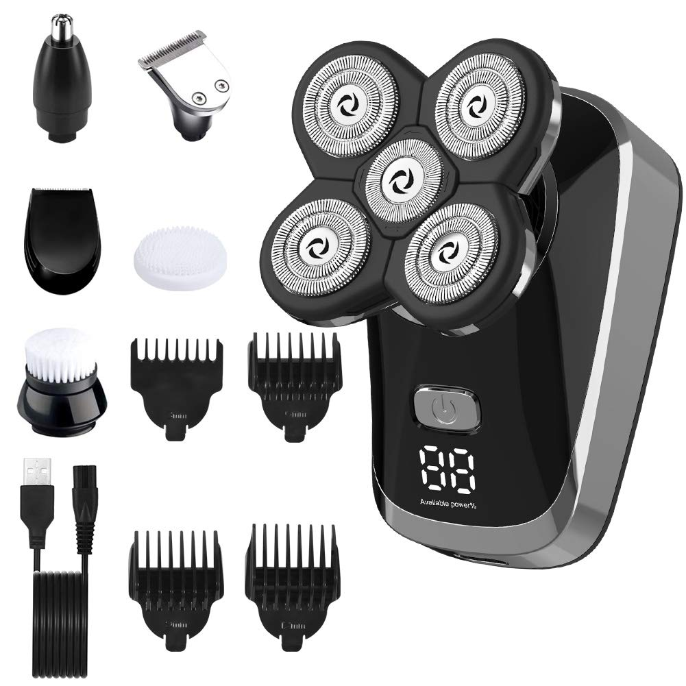  6 in 1 Wet & Dry Cordless Electric Rechargeable Shaver Razor for Men Bald Head Shaver Rotary Shaver Grooming Kit with Beard Trimmer Clippers Nose Trimmer Facial Brush 