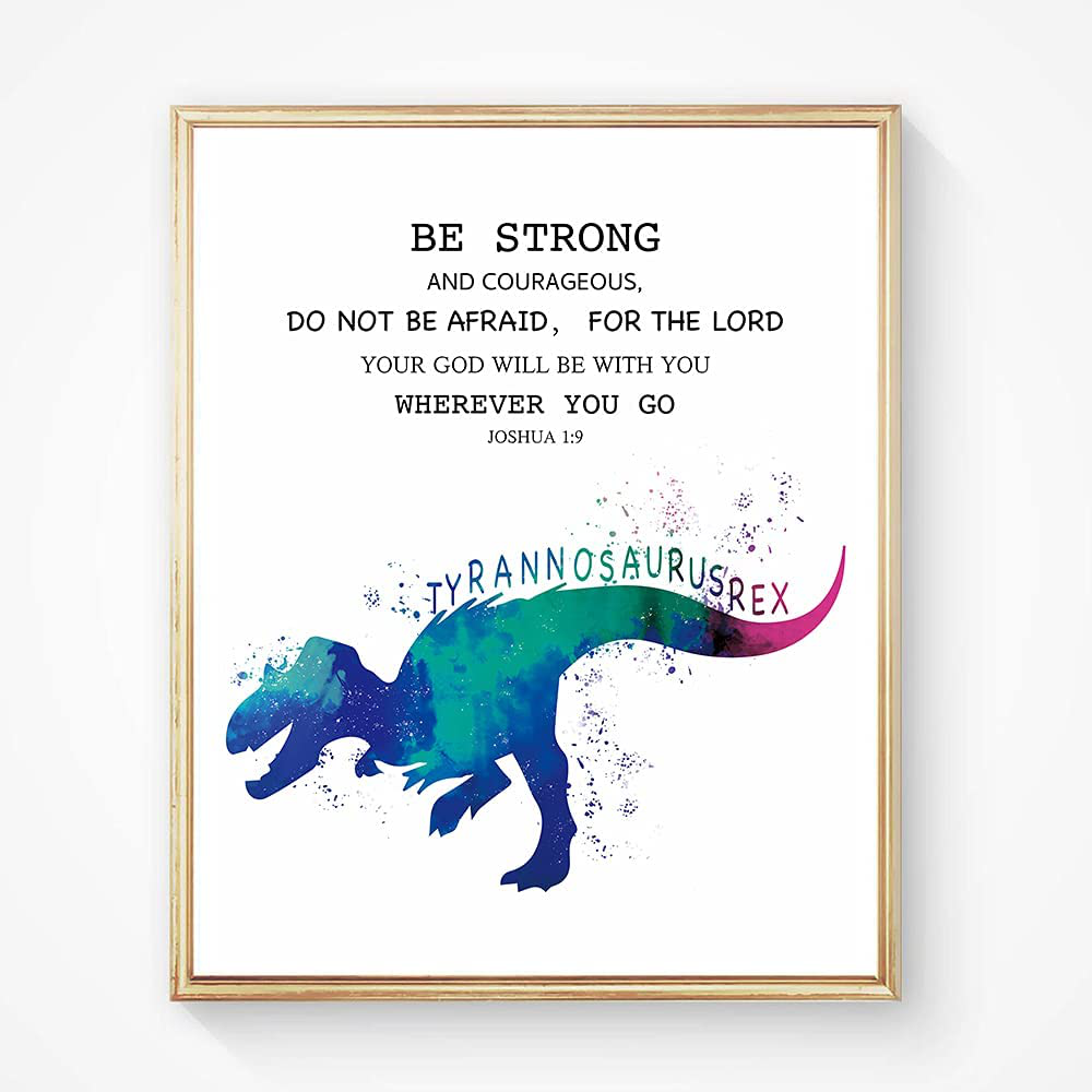 SUUURA-OO Christian Quotes Bible Scripture Quote Dinosaur Watercolor Wall Art Prints Set of 4 (8”X10”), Dinosaur Poster Wall Decor for Kids Teens Boys Room Bedroom Nursery Unframed