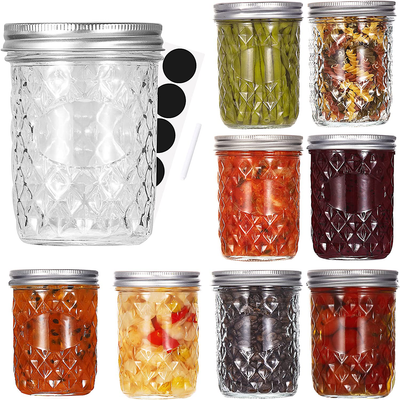 FRUITEAM 16 oz 8 Pack Mason Jars with Lids and Bands, Quilted Crystal Jars, Glass Canning Jars, Pint Jars Ideal for Honey, Wedding Favors, Shower Favors, Tomato based Juices & Sauces