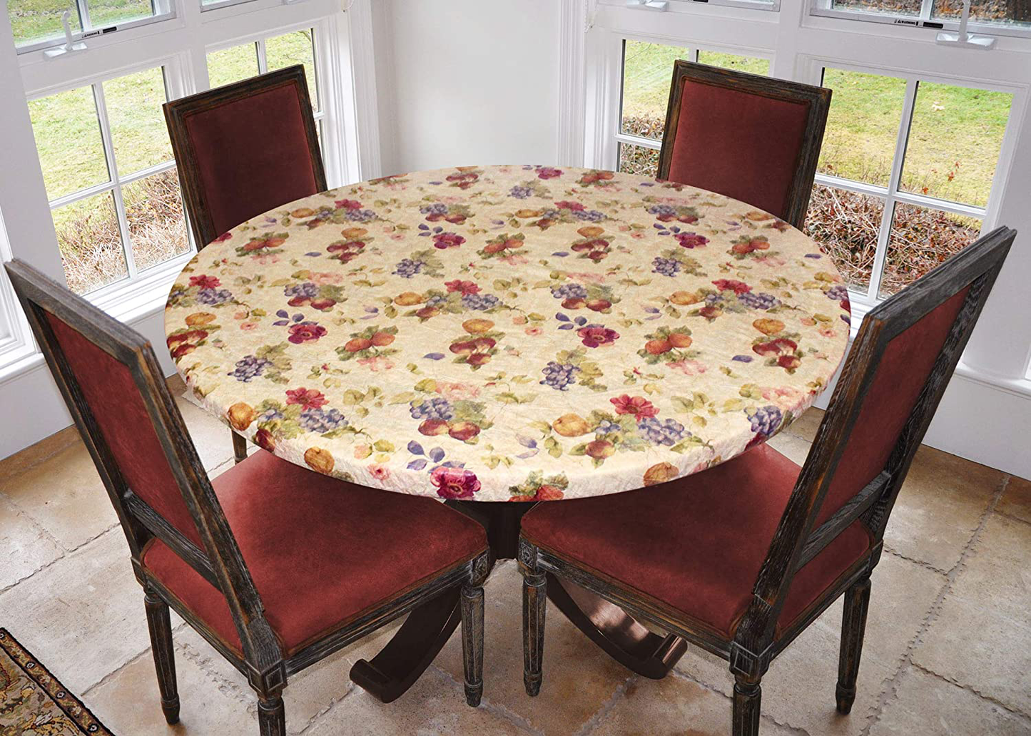 Covers For The Home Deluxe Elastic Edged Flannel Backed Vinyl Fitted Table Cover - Antique Fruit Pattern - Small Round - Fits Tables up to 40" - 44" Diameter