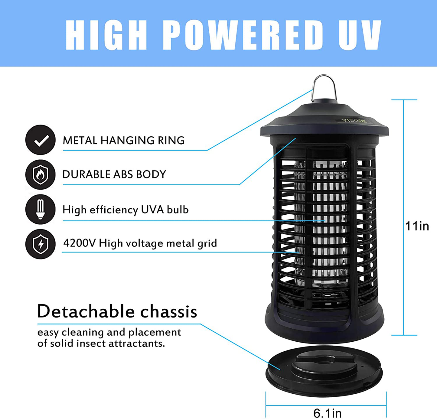 Bug Zapper for Indoor & Outdoor, Electric Mosquito Zapper Killer, 4200V Electric Mosquito Killer, Waterproof Powered Electric Mosquito Zappers Killer, Powerful Insect Killer for Home Garden Backyard