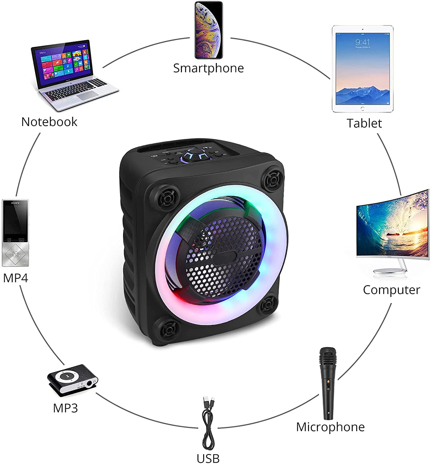 PROZOR 8 Inch Portable Karaoke Machine for Kids & Adults, Portable PA System Rechargeable Wireless Bluetooth Speaker with Wired Microphone & Lights & FM Radio for Party, Wedding