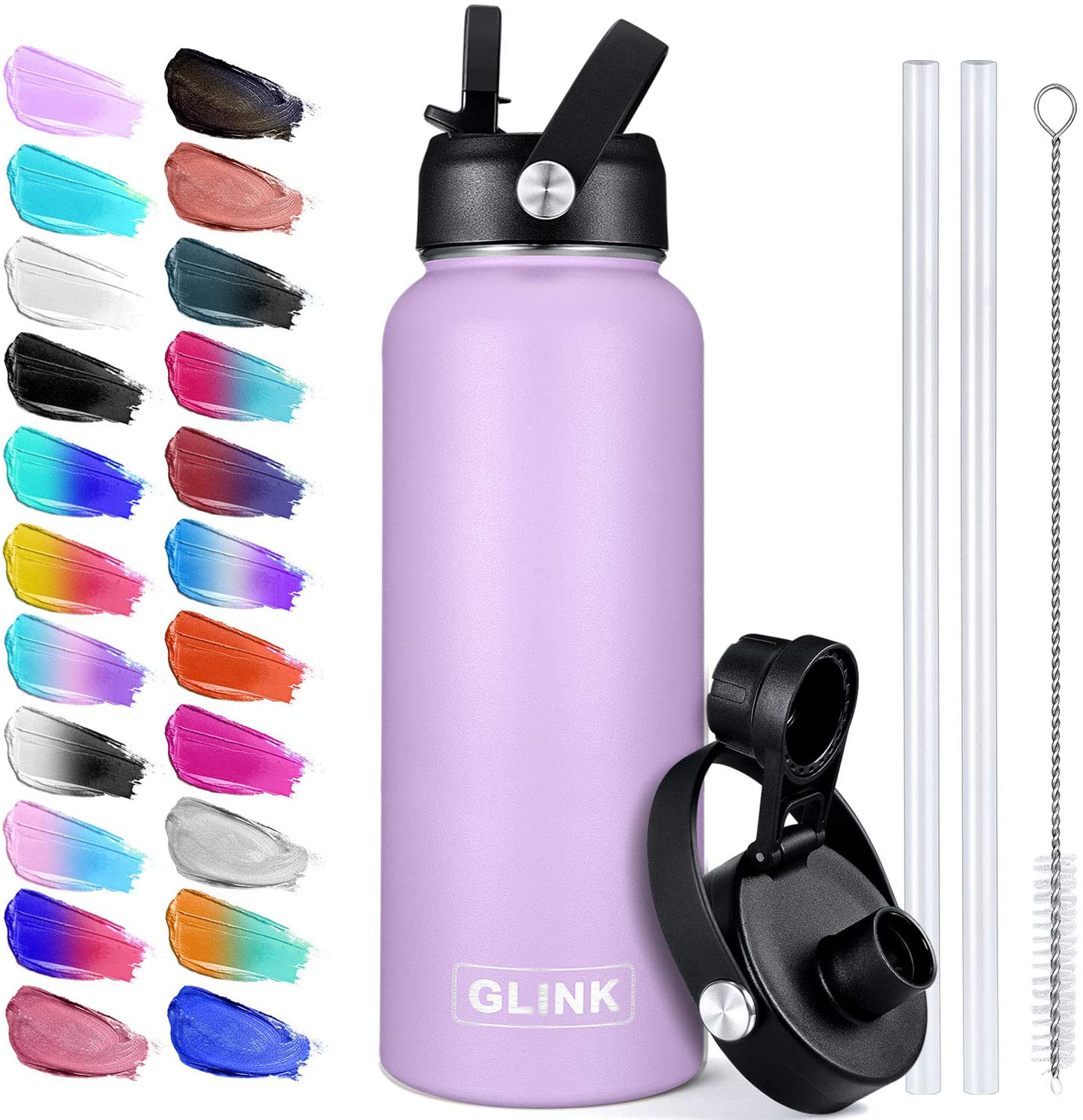 Glink Stainless Steel Water Bottle with Straw, 32-40 oz Wide Mouth Double Wall Vacuum Insulated Water Bottle Leakproof, Straw Lid and Spout Lid with New Rotating Rubber Handle