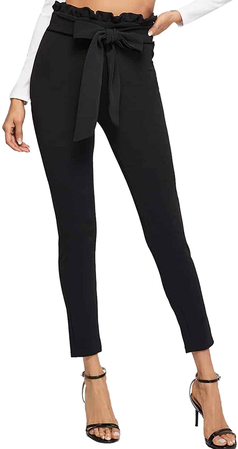 SOLY HUX Women's Elegant High Waist Tied Front Paperbag Pants Skinny Trousers