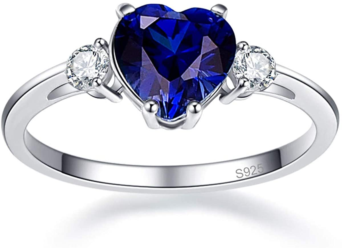 Women'S Created Blue Sapphire 925 Sterling Silver Heart Promise Ring for Her Birthday Anniversary Valentine'S Day