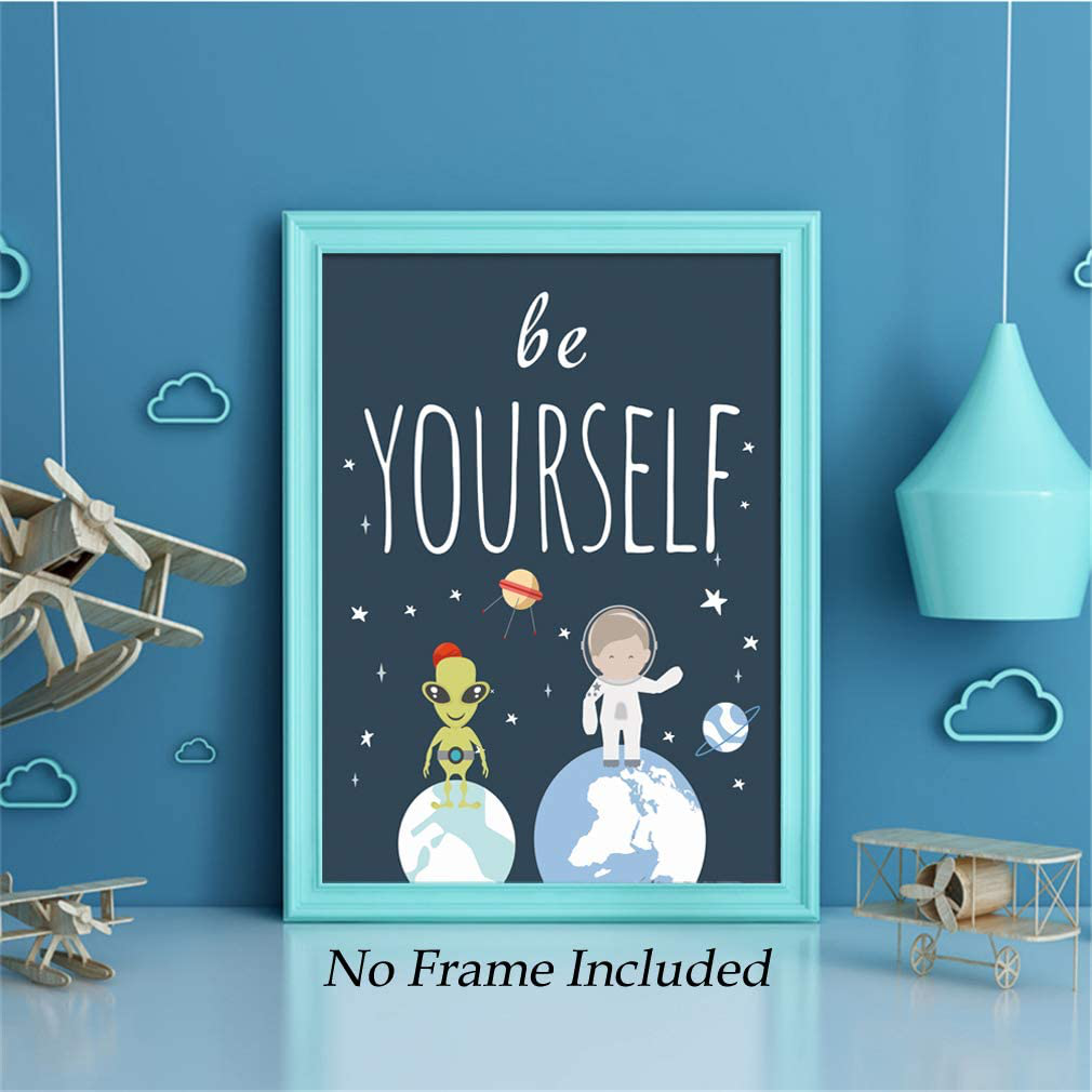 Unframed Inspirational Art Print, Outer Space Planet Wall Art Painting,Set of 4（12" x16" ） Be Kind Be Brave Be Curious Be Yourself Quote Canvas Posters for Boys Bedroom Nursery Decor