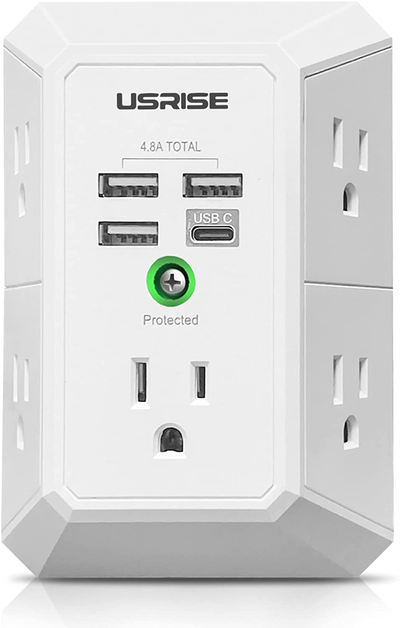 3 Sided USB Wall Charger Surge Protector 5 Outlet Extender with 4 USB Charging Ports ( 1 USB C Outlet)