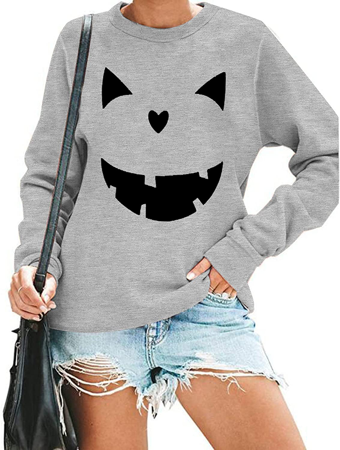 Women's Halloween Pumpkin Face Long Sleeve Sweatshirts Lightweight Casual Pullover Tops