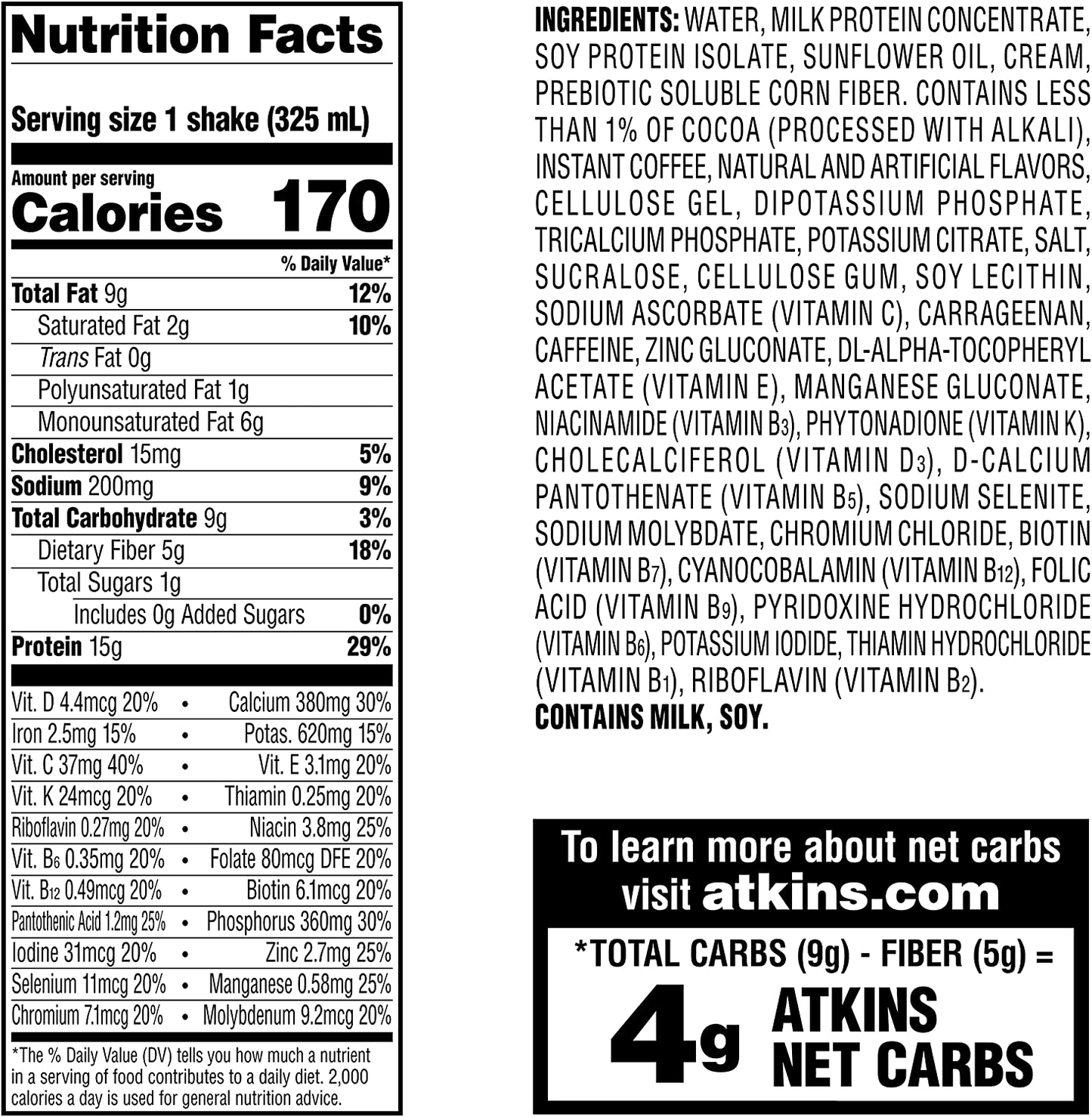 Atkins Gluten Free Protein-Rich Shake, Mocha Latte, Keto Friendly, 15 Count