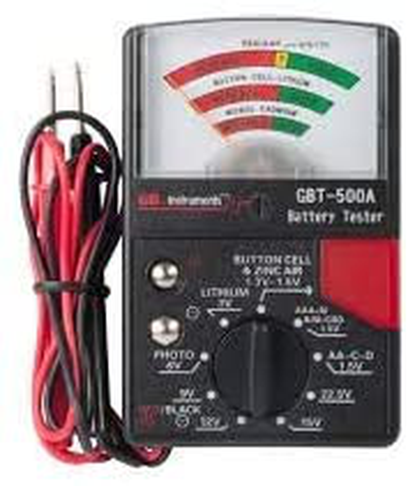 Gardner Bender GBT-500A Analog 1.5 V Button Cell/22.5 Photo/AA/AAA/12 V/9 V/Lantern Cells & More, Leads Battery Tester, Black