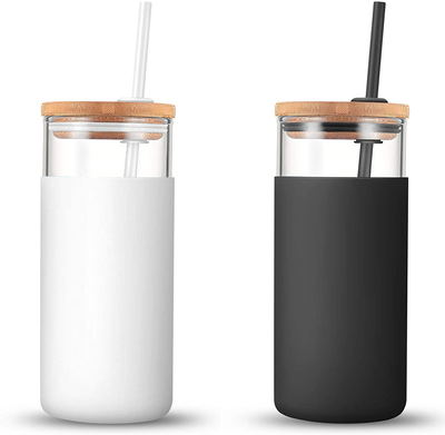 tronco 20oz Glass Tumbler Glass Water Bottle Straw Silicone Protective Sleeve Bamboo Lid - BPA Free (White Black)