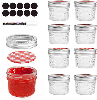 Mini Mason Jars, 4 oz 8 PACK Regular Mouth Small Mason Jar with Lids and Bands, Quilted Crystal Style Glass Canning Jars - Red lids