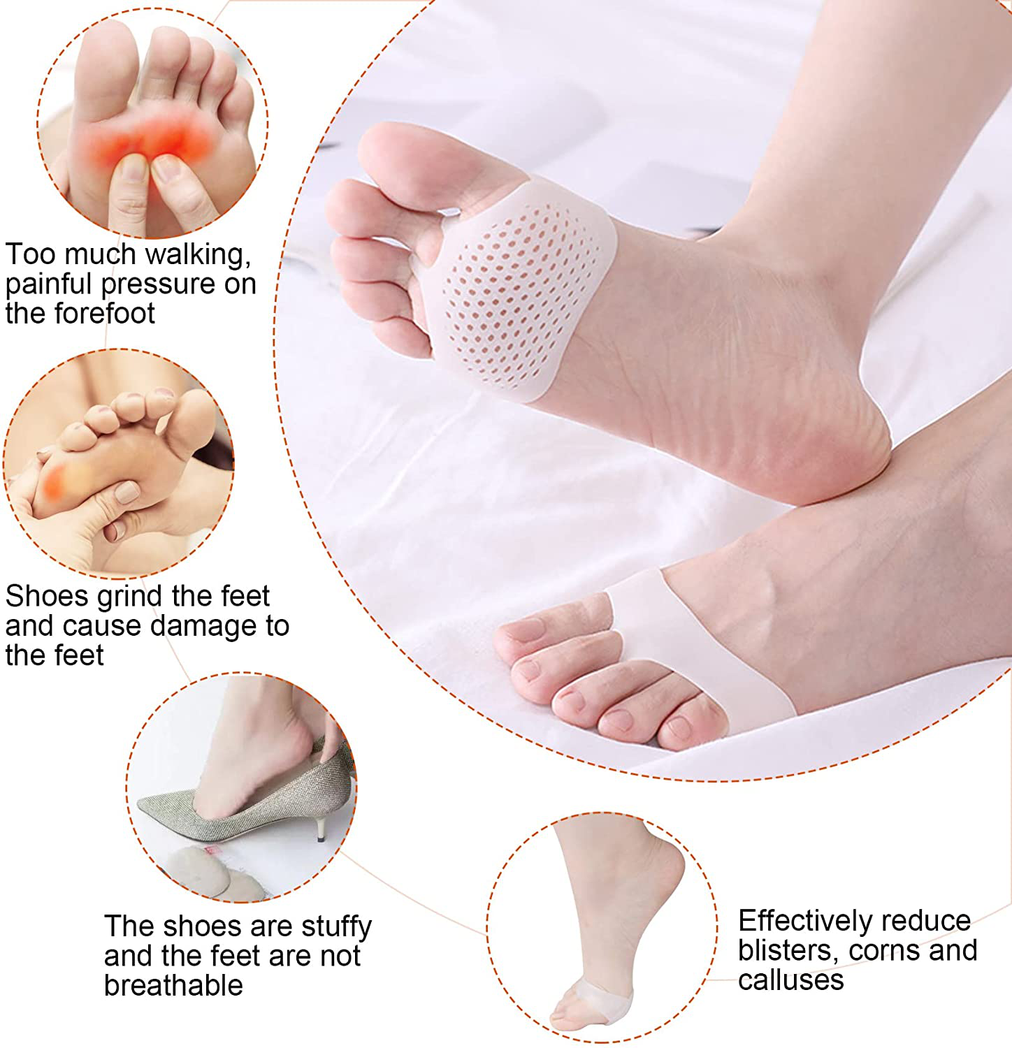 PAGOW 10 Pairs Metatarsal Foot Pads for Women and Men, Soft Silicone Forefoot Pad, Pain Relief Honeycomb Ball of Foot Cushion for Sports Shoes, High Heels, Boots, Canvas Shoes