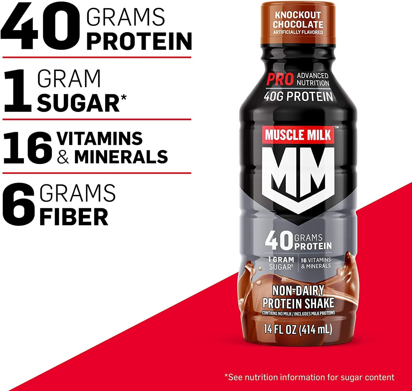 Muscle Milk Pro Advanced Nutrition Protein Shake, Knockout Chocolate, 14 Fl Oz Bottle, 12 Pack, 40G Protein, 1G Sugar, 16 Vitamins & Minerals, 6G Fiber, Workout Recovery, Packaging May Vary