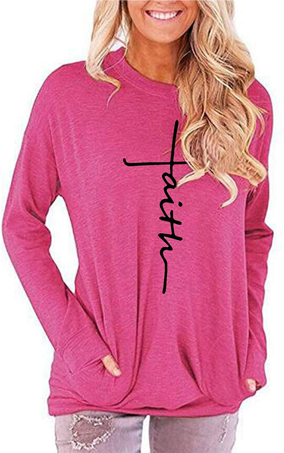 ZILIN Women's Casual Letter Print Crewneck T-Shirt Long Sleeve Tunic Tops Sweatshirt with Pockets