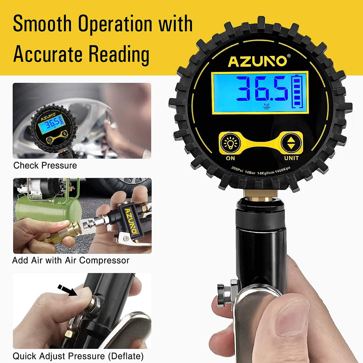 AZUNO Digital Tire Inflator with Pressure Gauge, 200 PSI, Heavy Duty Air Compressor Accessories, w/Rubber Hose Lock on Air Chuck and Quick Connect Coupler