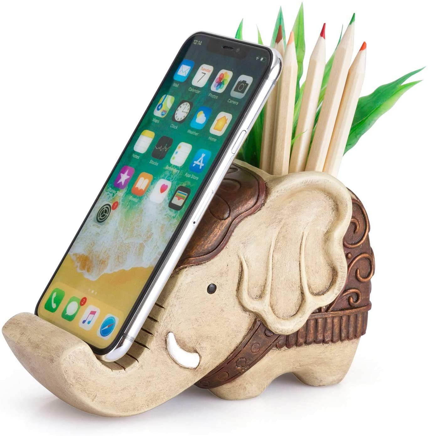 Pen Pencil Holder with Phone Stand, Coolbros Resin Shaped Pen Container Cell Phone Stand Carving Brush Scissor Holder Desk Organizer Decoration for Office Desk Home Decorative (Elephant)