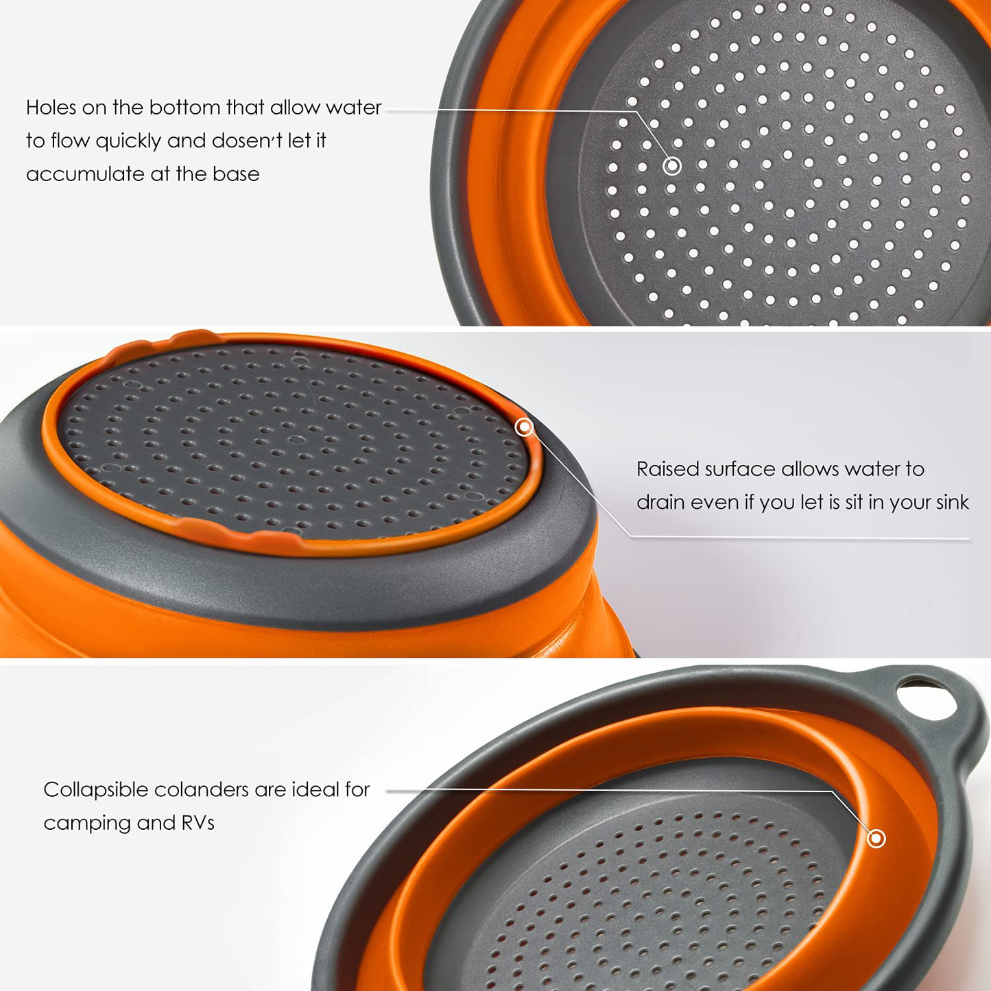 Longzon Collapsible Silicone Colanders and Strainers [2 Piece Set], Diameter Sizes 8'' -2 Quart and 9.5" -3 Quart, Pasta Vegetable/Fruit Kitchen Mesh Strainers with Extendable Handles Orange and Grey