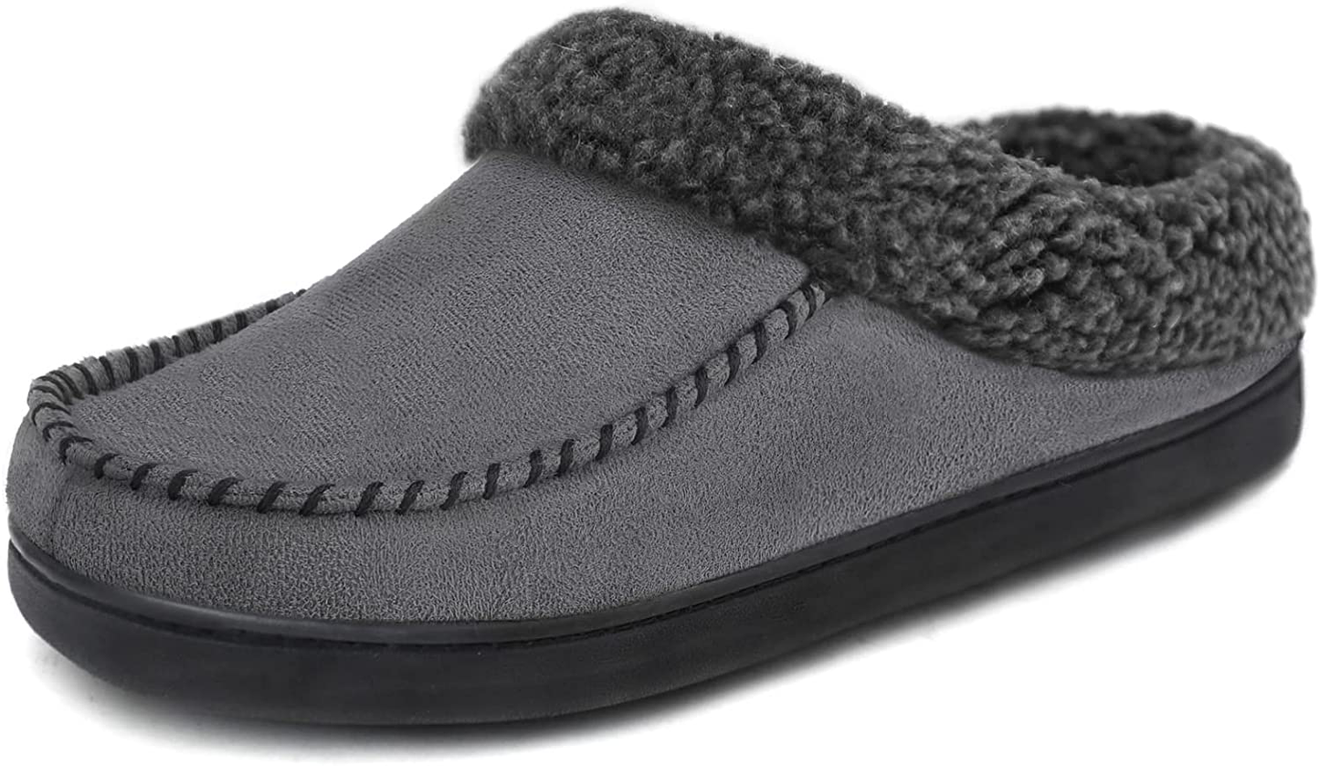 ULTRAIDEAS Men'S Moccasin Suede Slippers with Cozy Memory Foam & Fuzzy Plush Lining , Slip on Clog House Shoes with Indoor Outdoor Rubber Sole