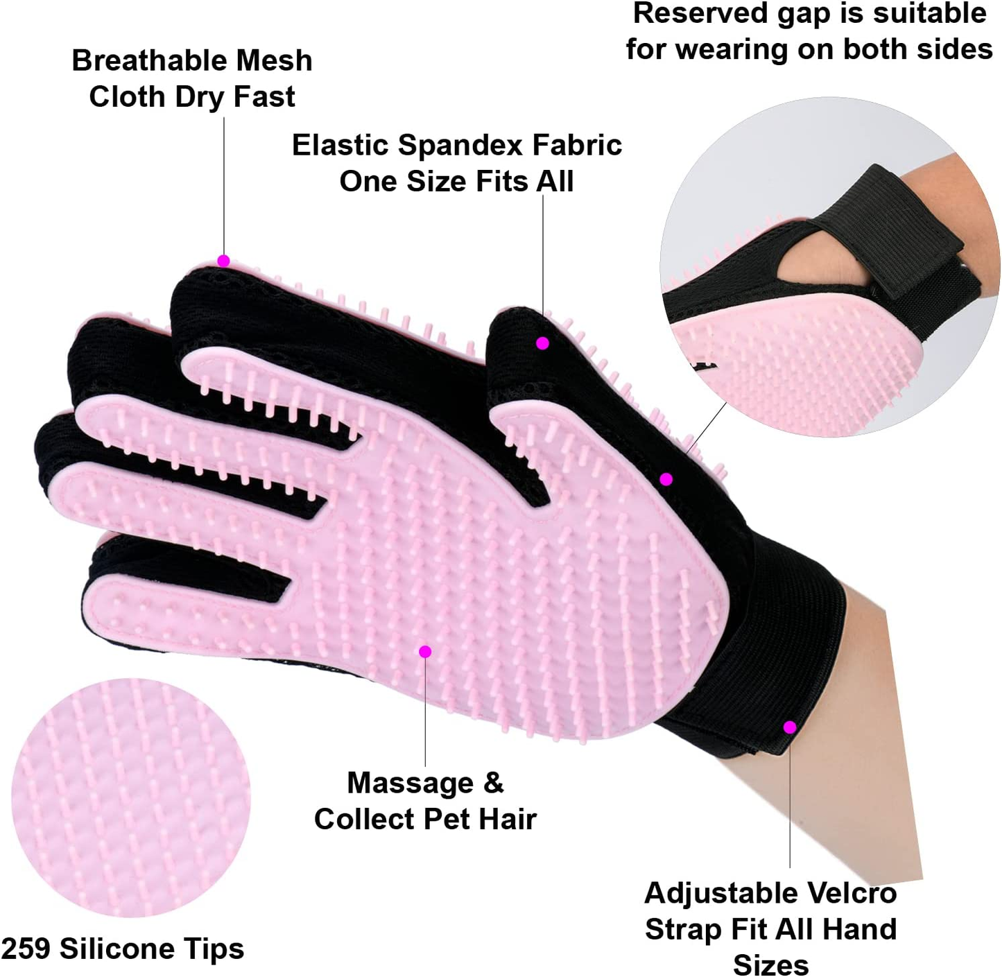 Miaow Pet Grooming Glove,Five Fingers with 259 Silicone Needles,Effective in Removing Pet Floating Hair, Glove Size Fits All,Double-Side Pet Grooming Design, Can Be Worn on Both Hands-1 Piece,Pink.