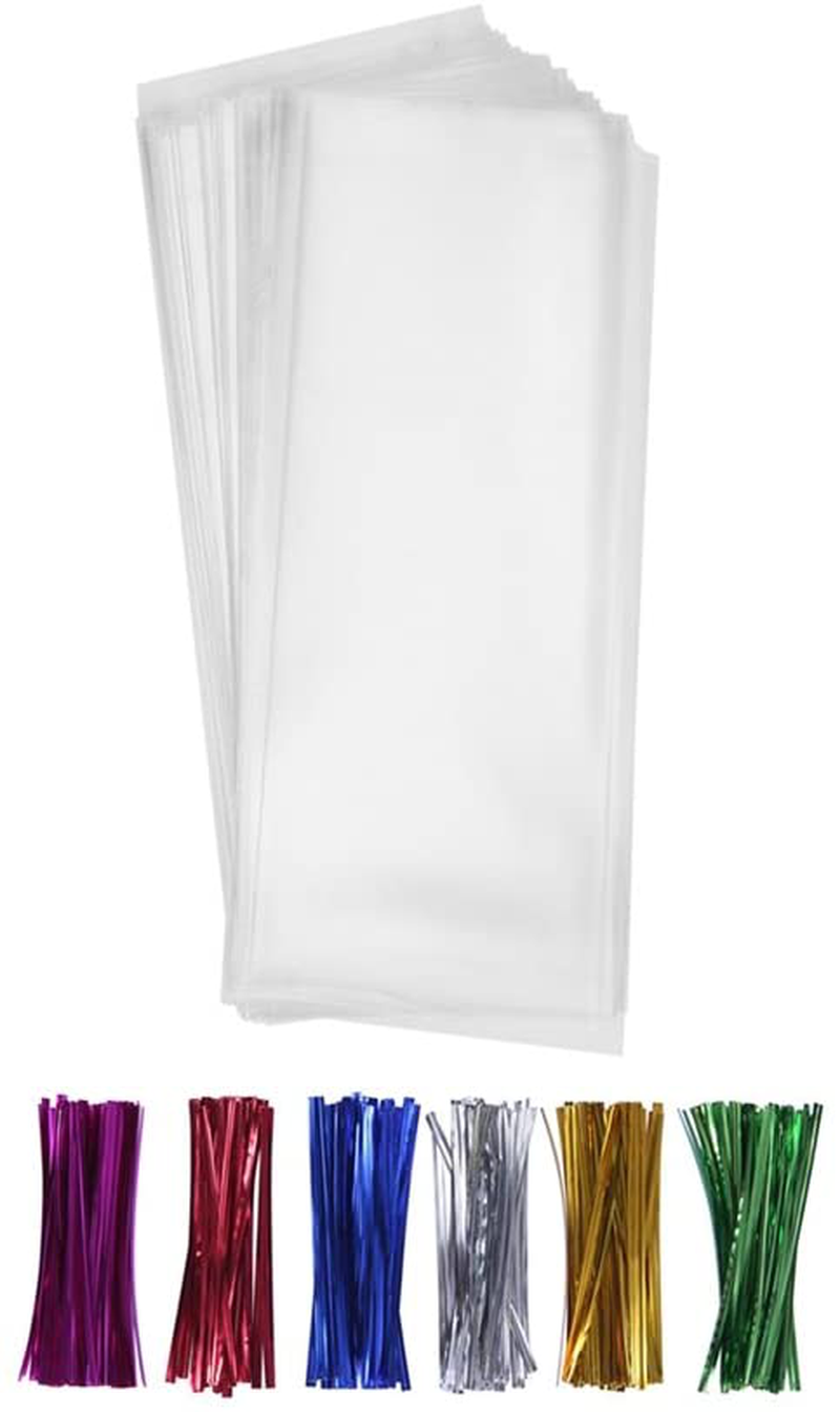 200 Clear Cello Bags 8x10 with Twist Ties 6 Mix Colors - 1.4mils Thick OPP Flat Party Favor Bags for Wedding Cookie Candy Buffet Supply (8'' x 10'')