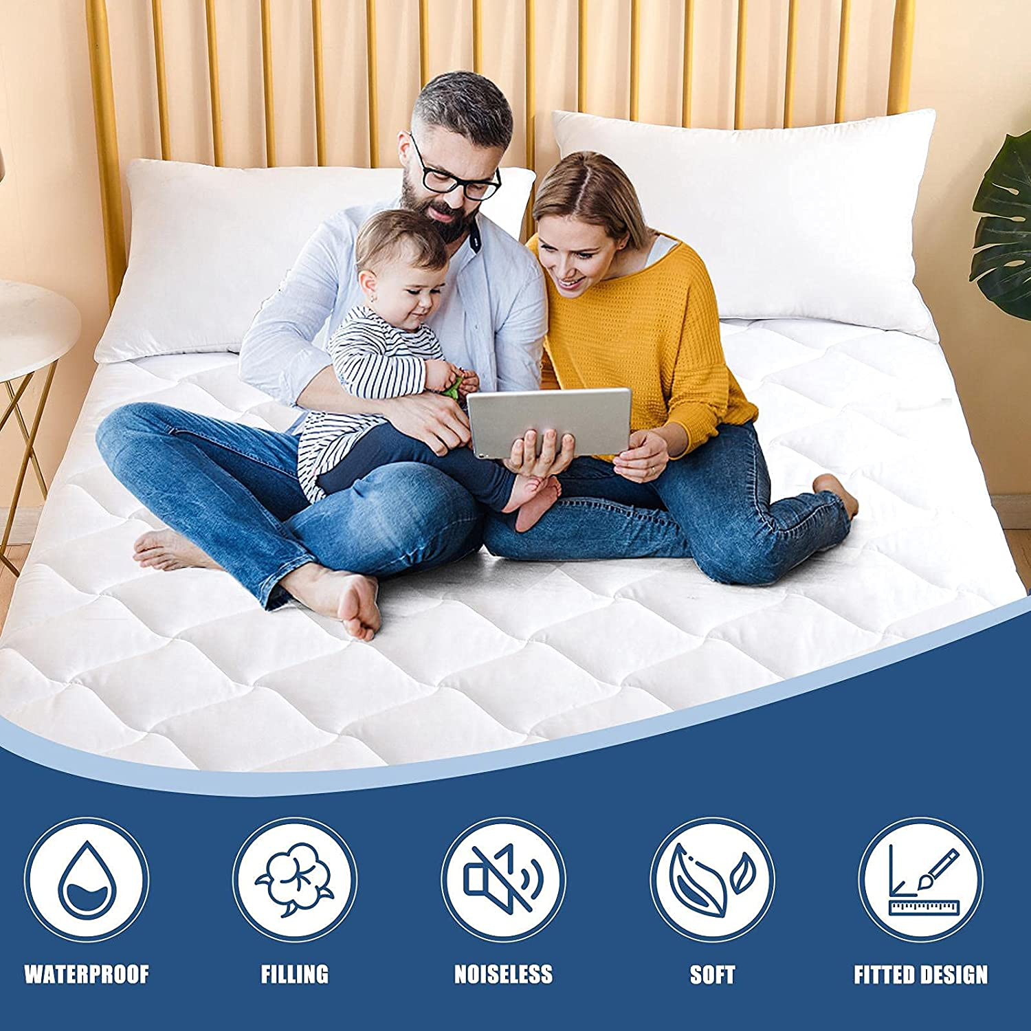 Queen Size Quilted Fitted Mattress Pad, Waterproof Breathable Cooling Mattress pad, Stretches up to 21 Inches Deep Pocket Hollow Alternative Filling Noiseless Mattress Cover