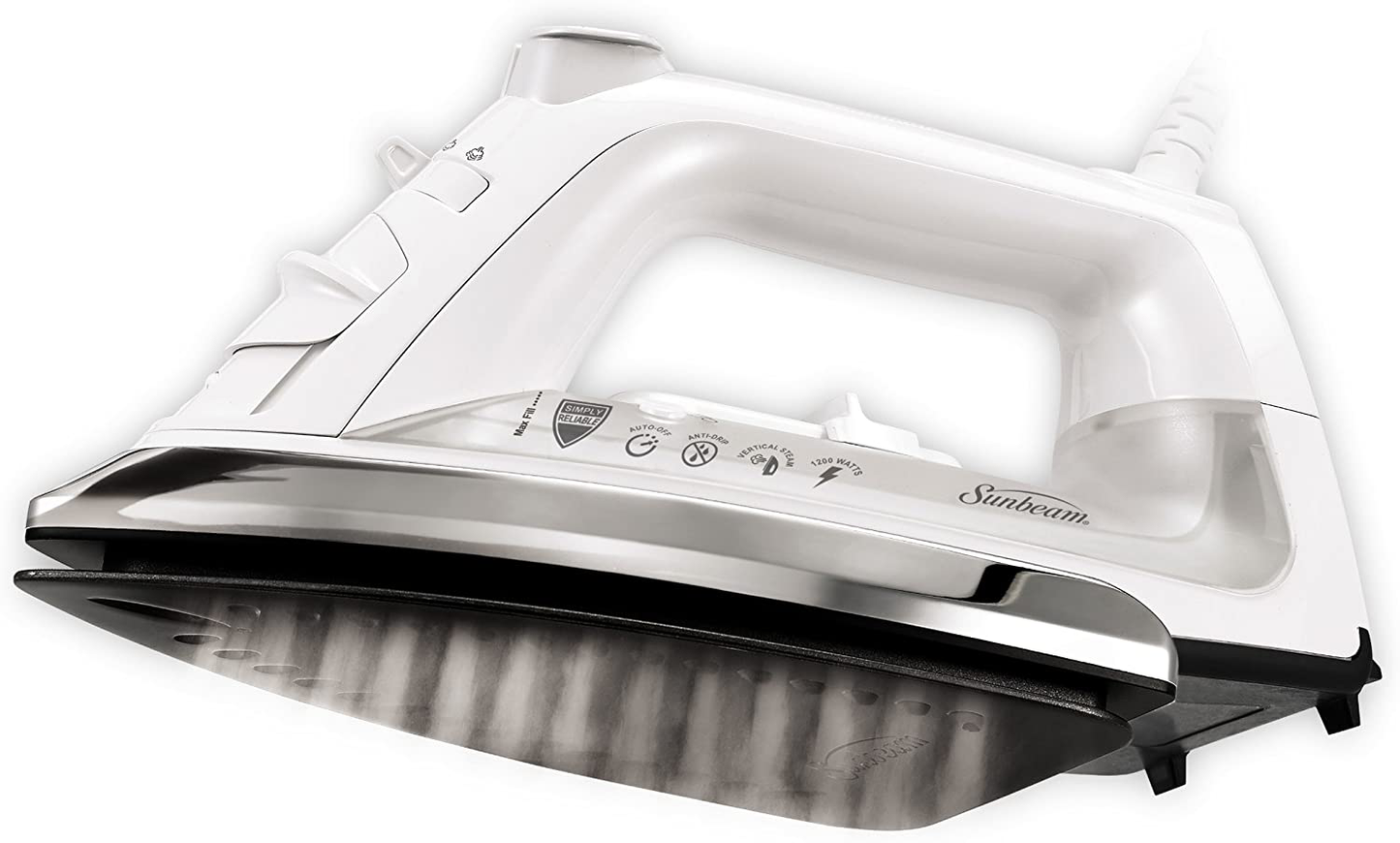 Sunbeam Classic 1200 Watt Mid-size Anti-Drip Non-Stick Soleplate Iron with Shot of Steam/Vertical Shot feature and 8' 360-degree Swivel Cord, White/Clear, GCSBCL-317-000