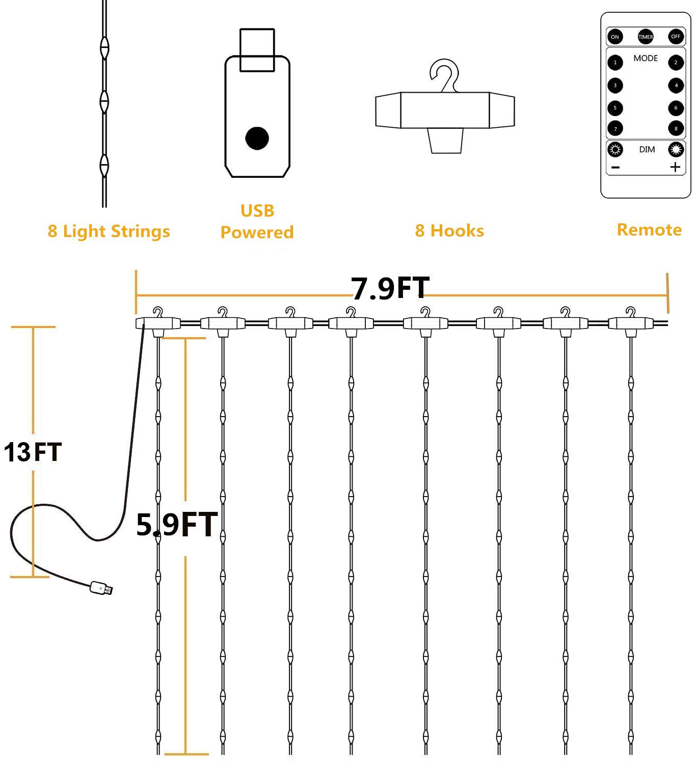 String Lights Curtain,USB Powered Fairy Lights for Bedroom Party,8 Modes & IP64 Waterproof Ideal for Garden,Patio (Blue,7.9Ft x 5.9Ft)