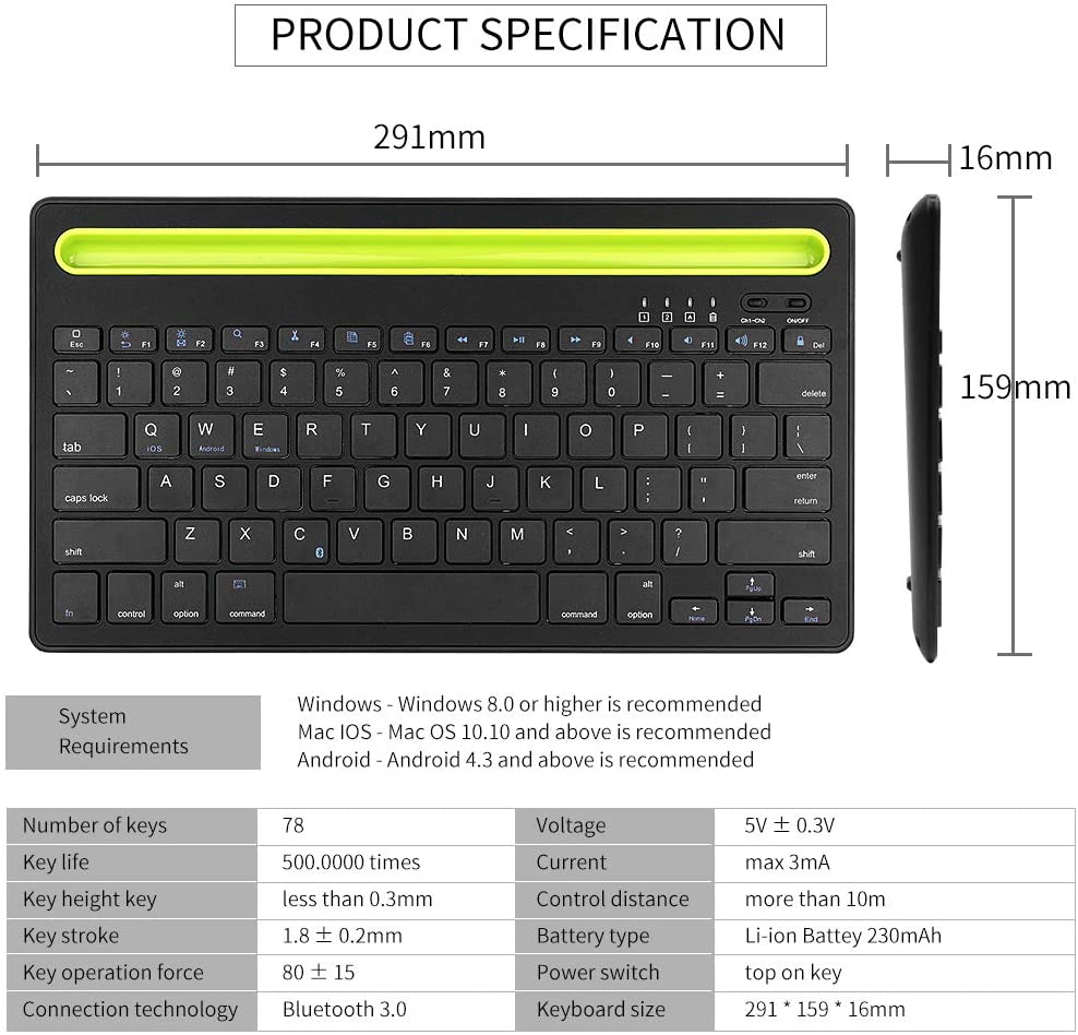 Rechargeable Bluetooth Mini Keyboard with Phone Holder Wireless Multi-Device Dual Channel Keyboard for Tablet/Laptop/Phone,Compatible with Ios/Windows/Android (Black)