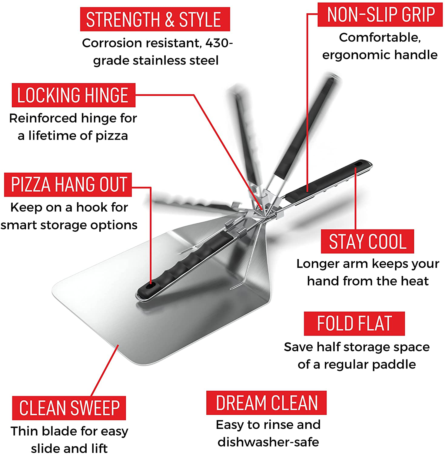 Stainless Steel Folding Pizza Peel - for Professional, Pizzeria-Standard Results at Home - Kensington London Space-Saving, Ergonomic Handle, Corrosion-Resistant Metal Turning Paddle - 10 Inch