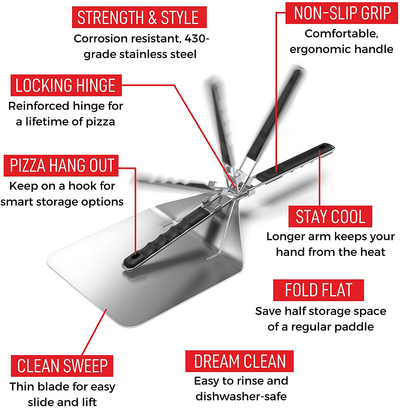 Stainless Steel Folding Pizza Peel - for Professional, Pizzeria-Standard Results at Home - Kensington London Space-Saving, Ergonomic Handle, Corrosion-Resistant Metal Turning Paddle - 10 Inch