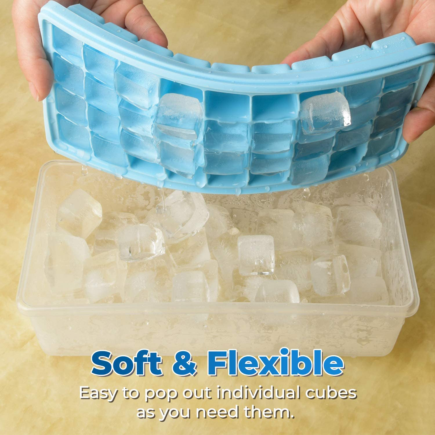 Ice Cube Tray With Lid and Bin - Silicone Ice Tray For Freezer | Comes with Ice Container, Scoop and Cover | Good Size Ice Bucket (Blue)