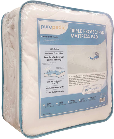 Purepedic Triple Protection Queen Mattress Pad Queen Size Bed Waterproof Mattress Protector Cooling Mattress Topper Cotton Mattress Cover Comfortable Mattress Encasement for Queen Size Bed