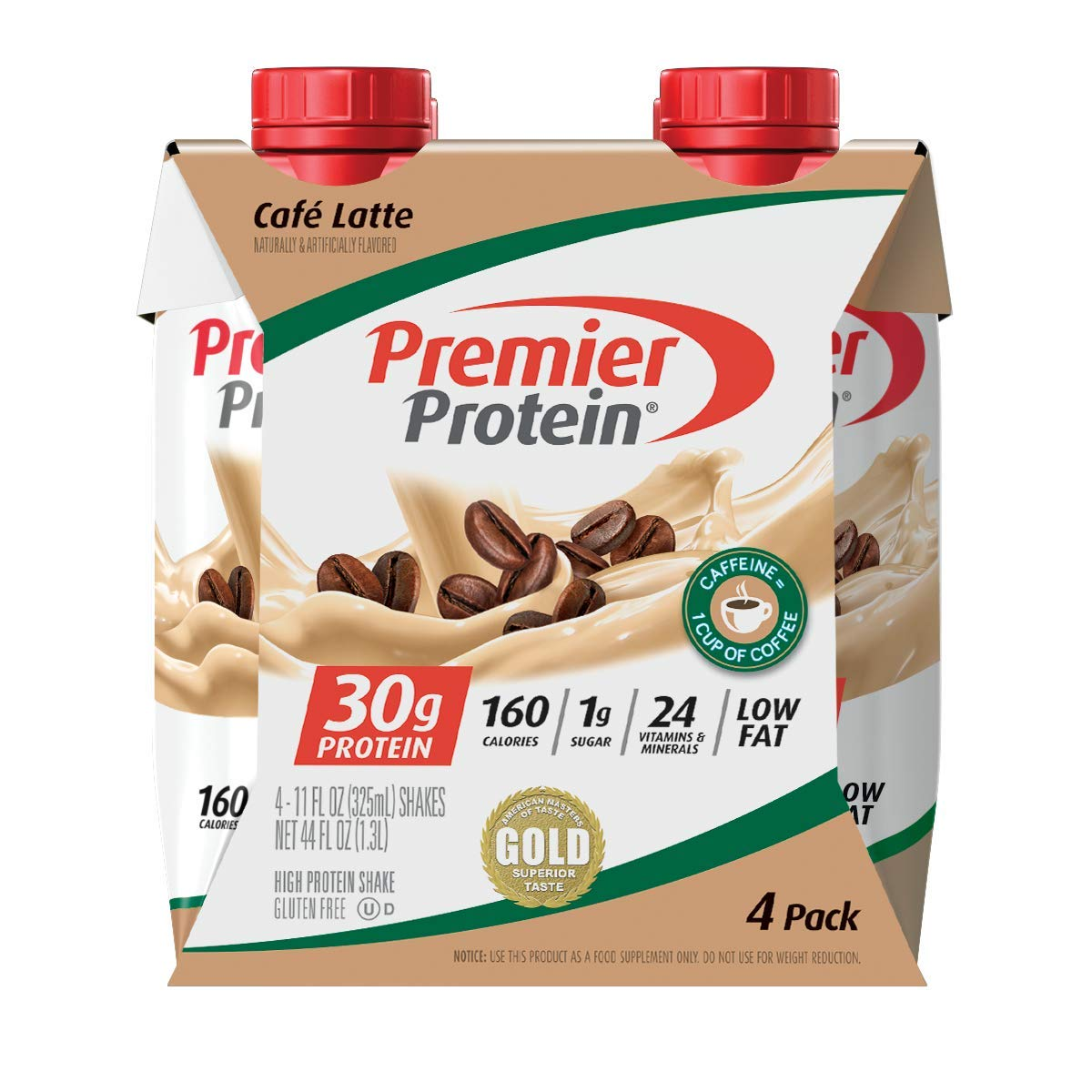 Premier Protein Shake, Café Latte, 30G Protein, 1G Sugar, 24 Vitamins & Minerals, Nutrients to Support Immune Health, 11 Fl Oz, 4 Count