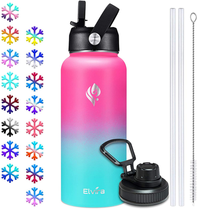 Elvira 32oz Vacuum Insulated Stainless Steel Water Bottle with Straw & Spout Lids, Double Wall Sweat-Proof BPA Free to Keep Beverages Cold for 24Hrs or Hot for 12Hrs