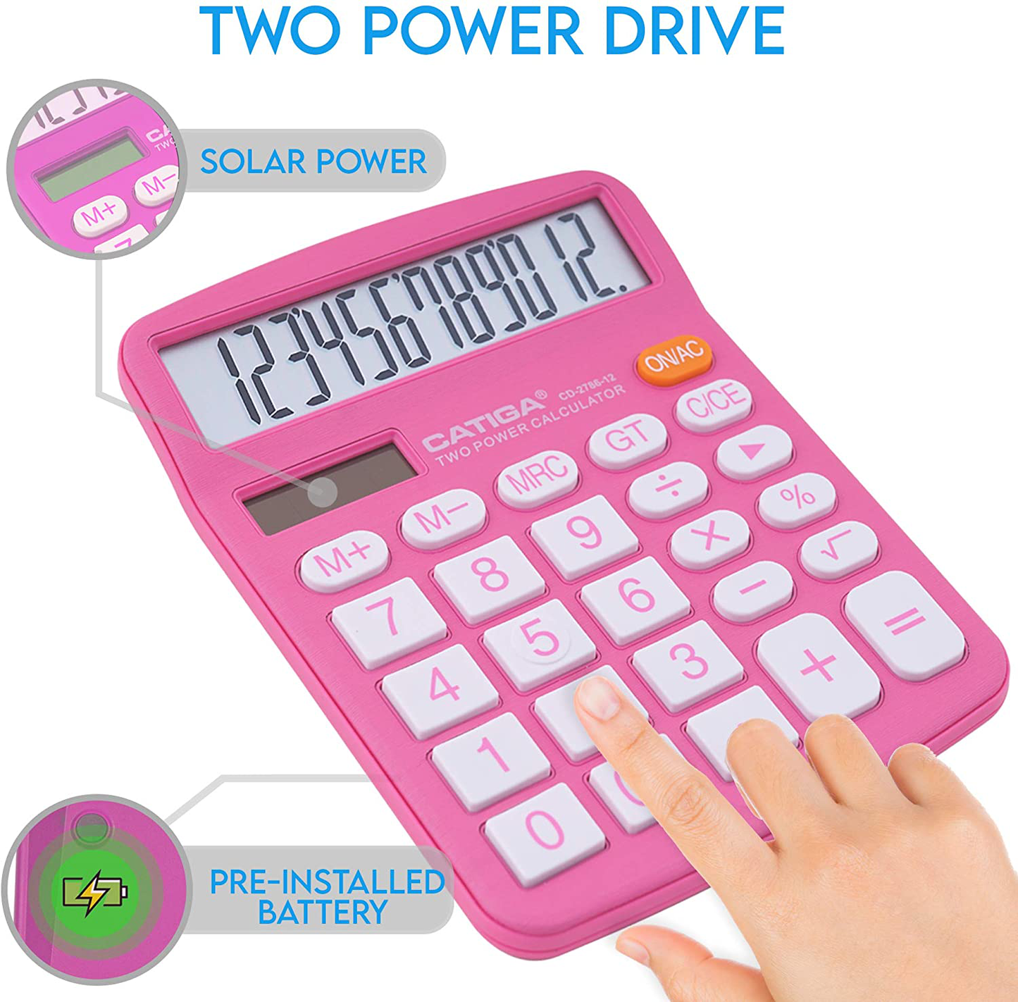 Desktop Calculator 12 Digit with Large LCD Display and Sensitive Button, Solar and Battery Dual Power, Standard Function for Office, Home, School, CD-2786 (Pink)