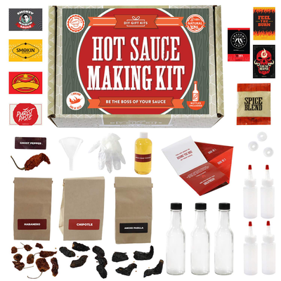 DIY Gift Kits Hot Sauce Making Kit, 26 Piece Set, Gourmet Spicy Gift Set for Men, Featuring 5Th Generation Heirloom Peppers & Spice Blends, Natural & GMO Free, Recipe Book, Storing Bottles