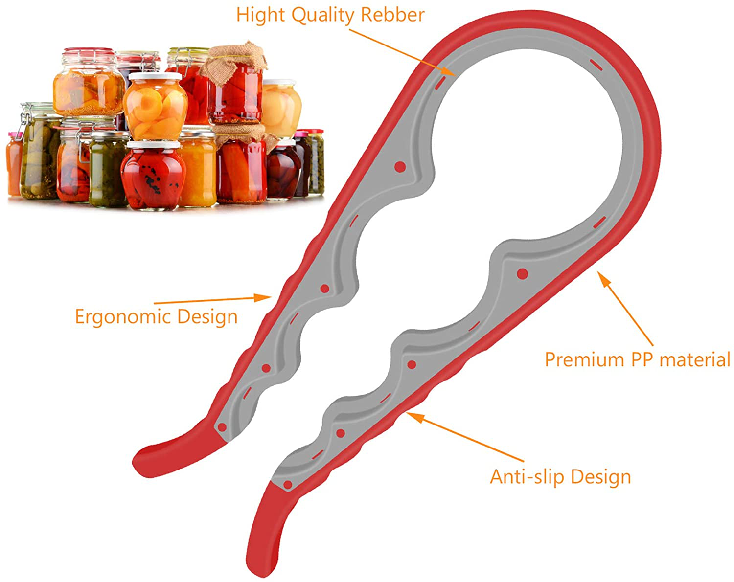 Jar Opener, 5 in 1 Multi Function Can Opener Bottle Opener Kit with Silicone Handle Easy to Use for Children, Elderly and Arthritis Sufferers (Apple Red）