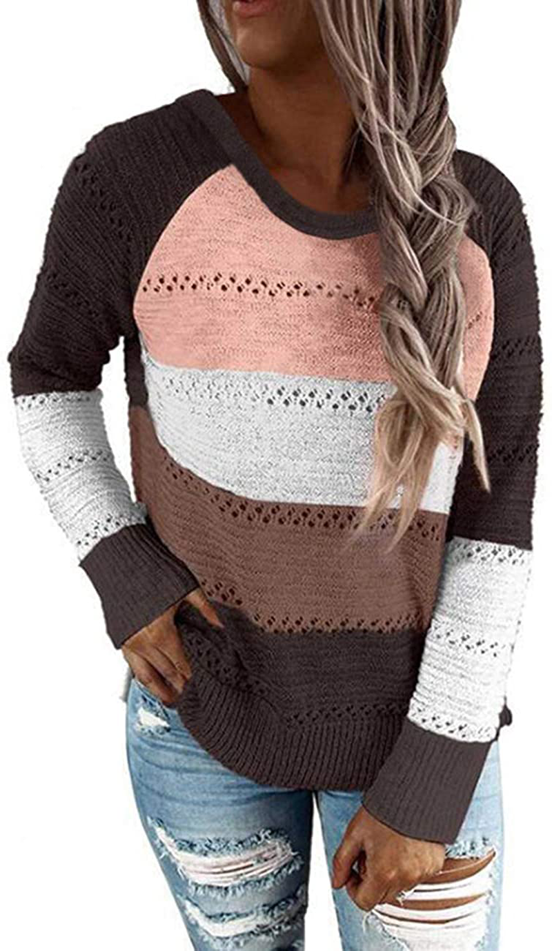 MAYFASEY Women's Color Block Striped Hoodies Sweater Long Sleeve Casual Loose Knitted Pullover Sweatshirt Tops