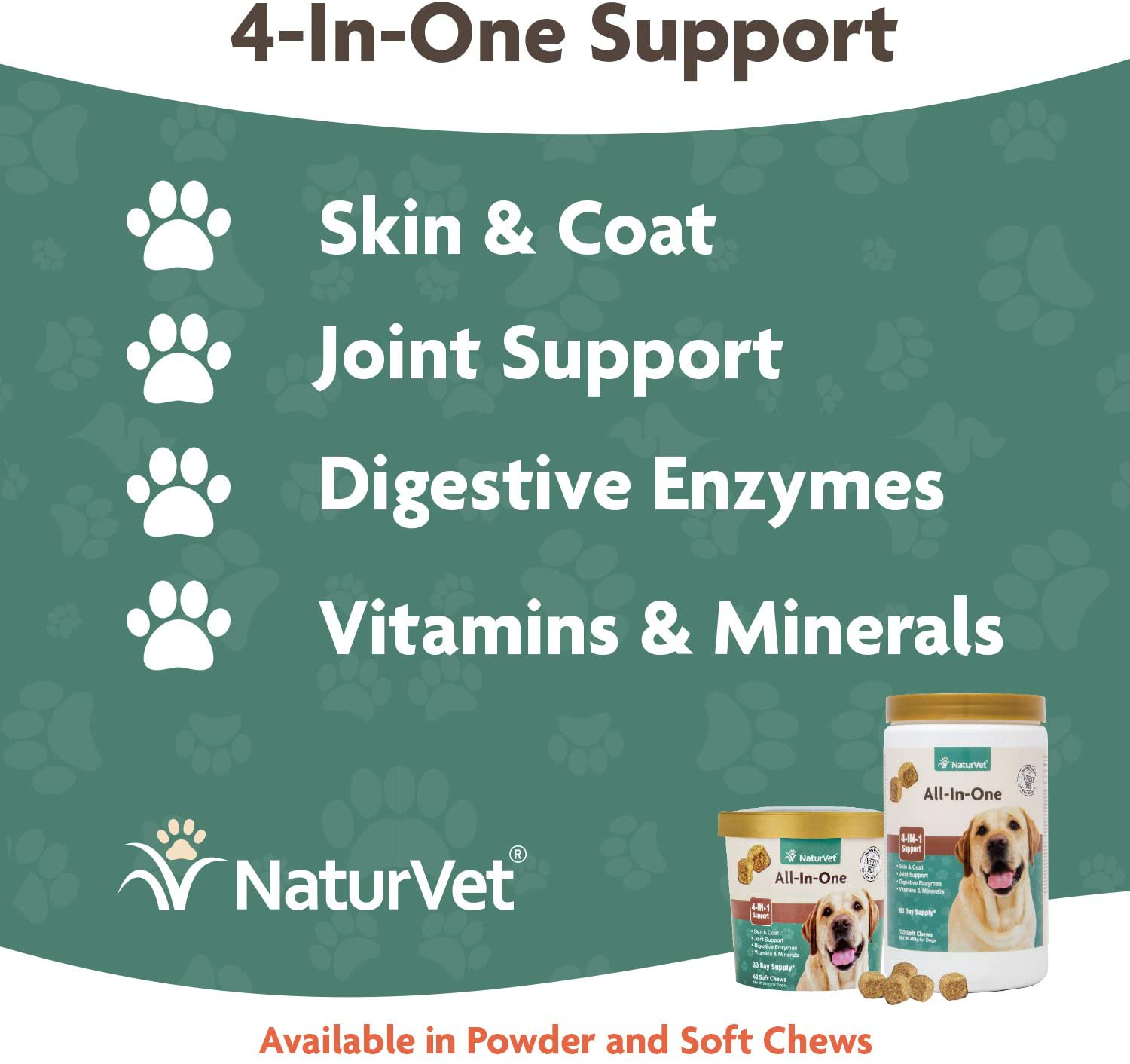 NaturVet All-in-One Dog Supplement - for Joint Support, Digestion, Skin, Coat Care – Dog Vitamins, Minerals, Omega-3, 6, 9 – Wheat-Free Supplements