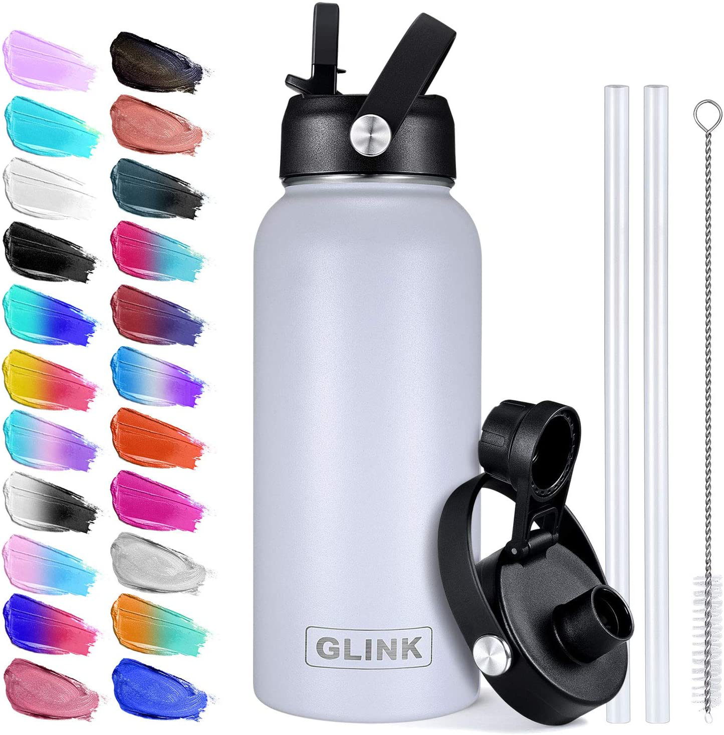 Glink Stainless Steel Water Bottle with Straw, 32-40 oz Wide Mouth Double Wall Vacuum Insulated Water Bottle Leakproof, Straw Lid and Spout Lid with New Rotating Rubber Handle