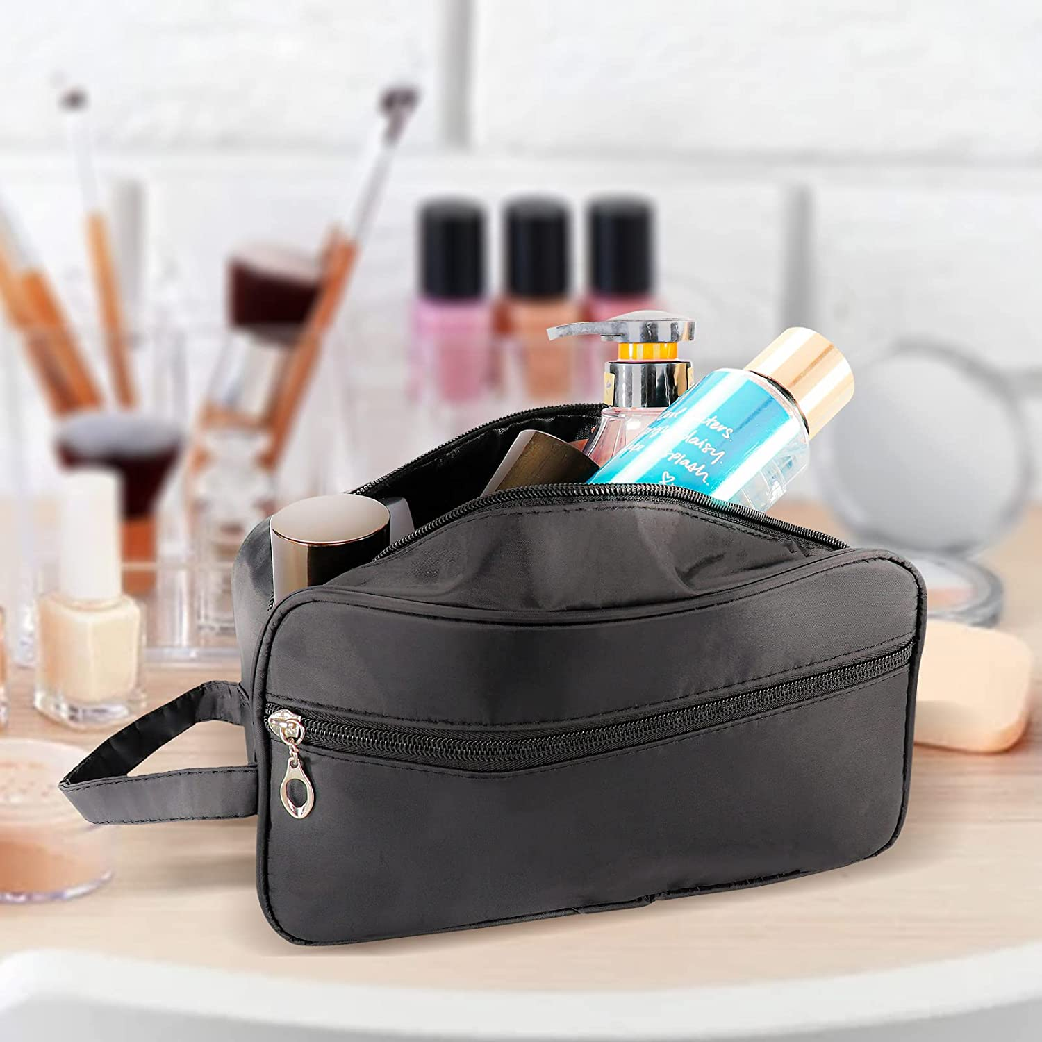Travel Toiletry Bag for Women and Men, Large Lightweight Hanging Water-Resistant Shaving Bag with Handle, Foldable Storage Bags for Cosmetics, Toiletries Brushes Tools, Travel Accessories (Black)
