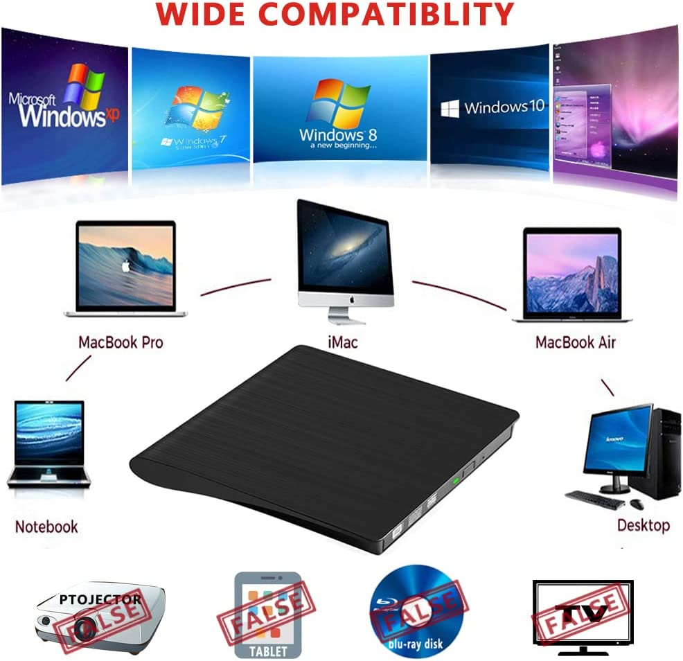 External DVD Drive, USB 3.0 Portable CD/DVD +/-RW Drive/Dvd Player for Laptop CD ROM Burner Compatible with Laptop Desktop PC Windows Linux OS Mac Black