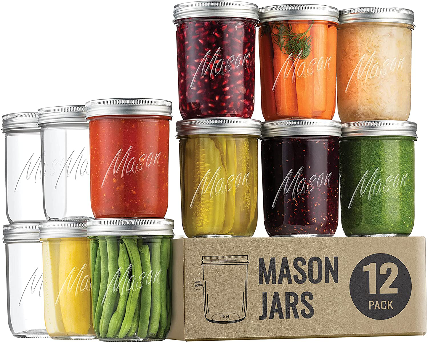 Wide-Mouth Glass Mason Jars, 16-Ounce (12-Pack) Glass Canning Jars with Silver Metal Airtight Lids and Bands with Chalkboard Labels, for Canning, Preserving, Meal Prep, Overnight Oats, Jam, Jelly,